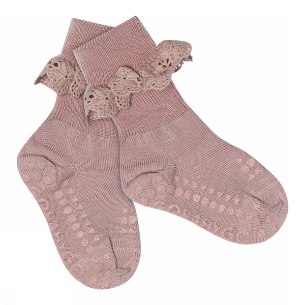 Rutschfeste Socken - Merinowolle - Spitze - Woodrose 