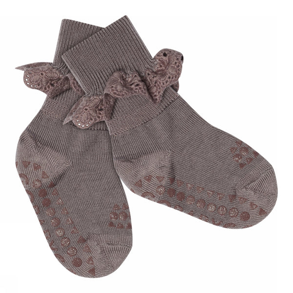 Rutschfeste Socken - Merinowolle - Spitze - Dunkelviolette Taube