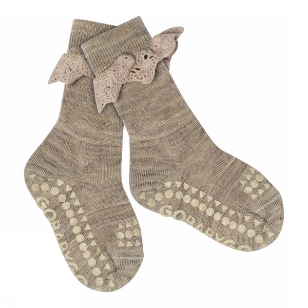 Rutschfeste Grip-Socken - Merinowolle - Spitze - Hellbraun Melange 