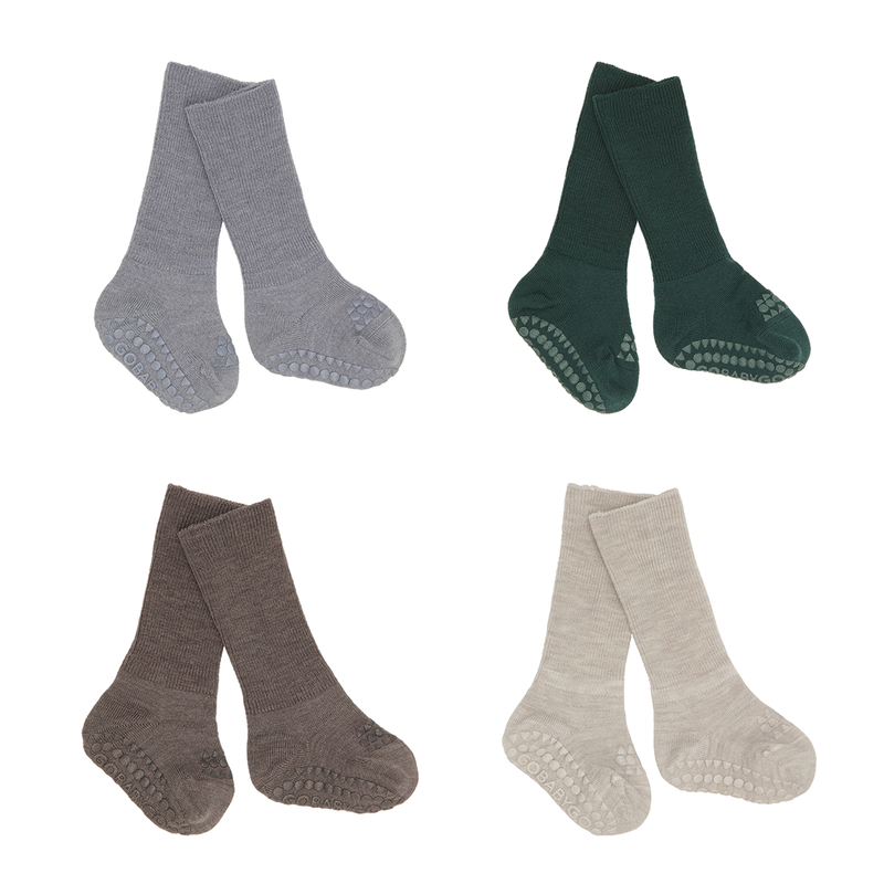 4 pack Grip Socks - Merino Wool - Grey Melange, Forest Green, Brown Melange, Sand